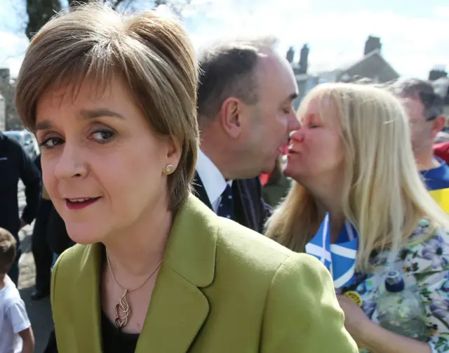 First Minister Nicola Sturgeon (left) with Alex Salmond (centre) and a supporter, whilst on the campaign trail in Inverurie in the Gordon constituency - 18 April 2015