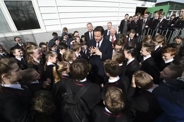 David Cameron with pupils from Kings Leadership Academy, Warrington