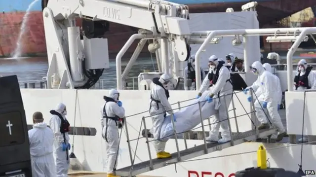 Italian coast guard officers with body of migrant from ship Bruno Gregoretti