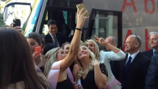 Ed Miliband poses for a selfie with a hen party in Chester