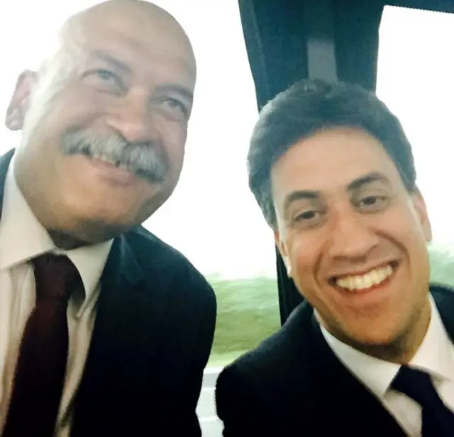 The BBC's John Pienaar (left) with Labour leader Ed Miliband - 22 April 2015