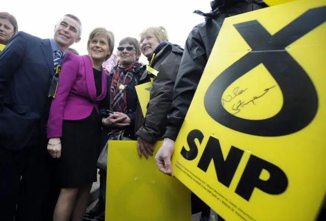 Nicola Sturgeon and SNP logo