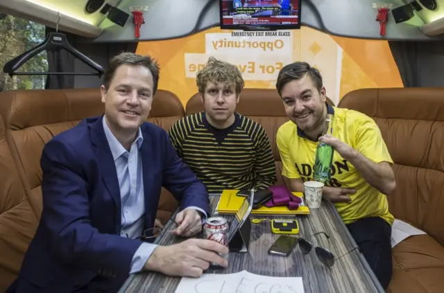 Nick Clegg with Last Leg presenters Josh Widdicombe and Alex Brooker