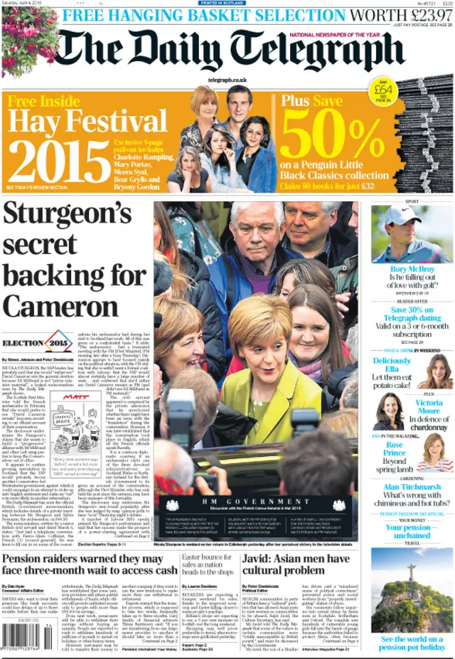 Daily Telegraph front page, 4/4/15