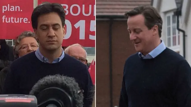 Ed Miliband (left) and David Cameron on the campaign trail - 3 April 2015