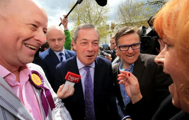 UKIP leader Nigel Farage, with Chris Adams UKIP parlimentary candidate for Aylesbury in Buckinghamshire