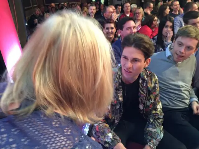 Realty TV star Joey Essex (centre) sat next to Guardian columnist Owen Jones at a Labour event in Warrington - 4 April 2015