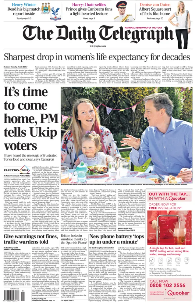 Daily Telegraph front page, 7/4/15