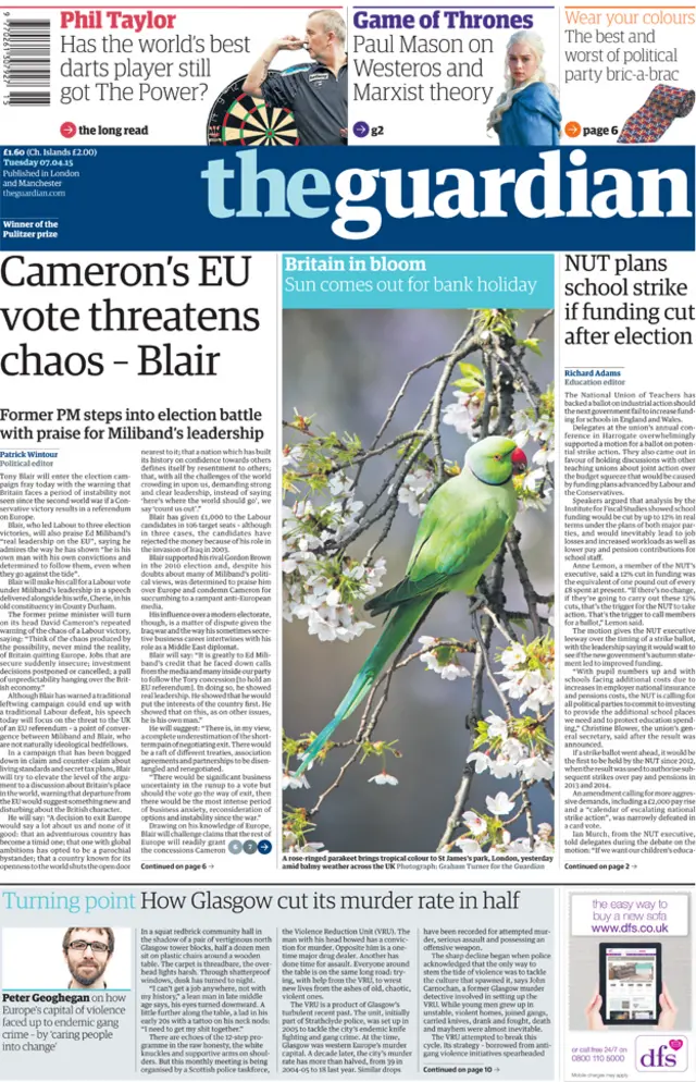 Guardian front page, 7/4/15