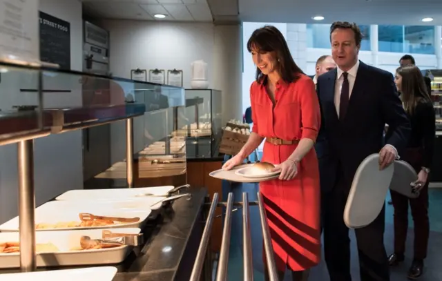 Samantha and David Cameron get breakfast at the Scottish Widows headquarters in Edinburgh