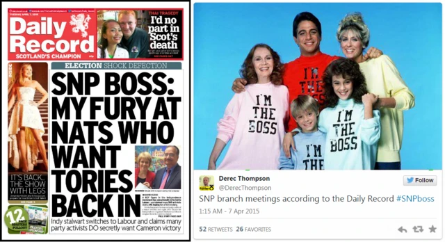 Composite image of the Daily Record front page and a tweet by Derec Thompson - 7 April 2015