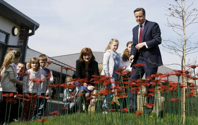 Nicky Morgan and David Cameron with schoolchildren