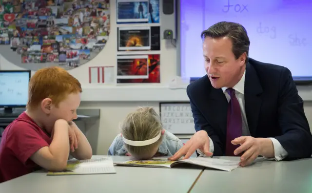 David Cameron reading to schoolchildren