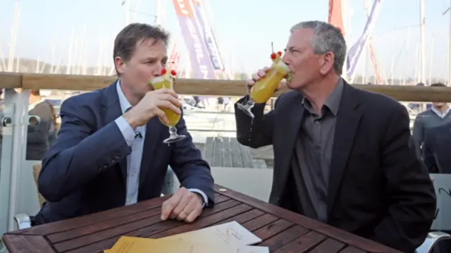 Leader of the Liberal Democrats Nick Clegg and party candidate for Eastleigh Mike Thornton each drink a Banana Wharf Liberal Cocktail at Banana Wharf, Port Hamble Marina, Southampton