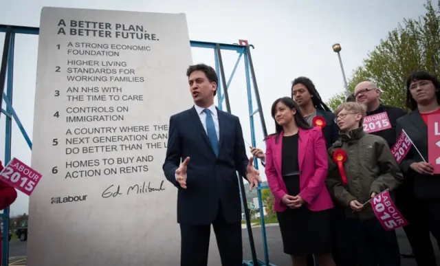 Ed Miliband with his stone carved with pledges