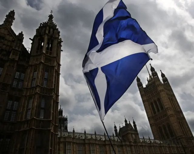 A Scottish flag flying outside the Palace of Westminster