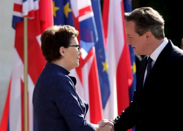 Poland's Prime Minister Ewa Kopacz greets Prime Minister David Cameron