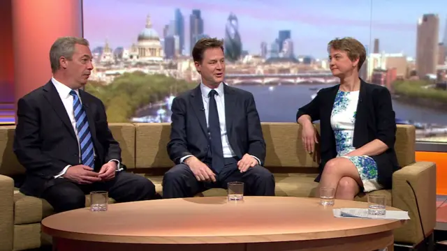 Nigel Farage, Nick Clegg and Yvette Cooper