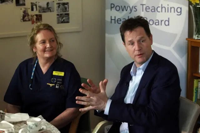 Nick Clegg and a nurse at Llanidloes and District War Memorial Hospital