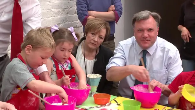 Delia Smith and Ed Balls cook with schoolchildren