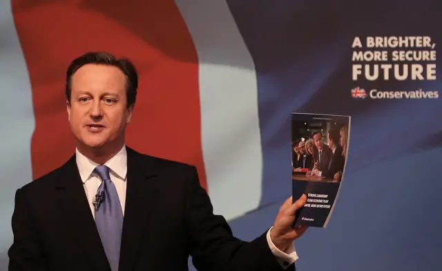 David Cameron with the Conservative manifesto