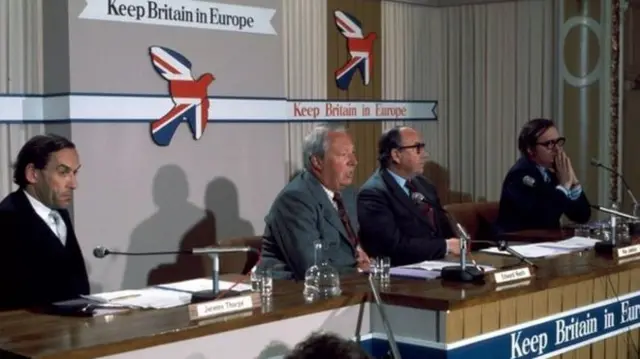 Members of the cross-party political group Keep Britain in Europe: Jeremy Thorpe, Edward Heath, Roy Jenkins and Lord Harris (l-r)