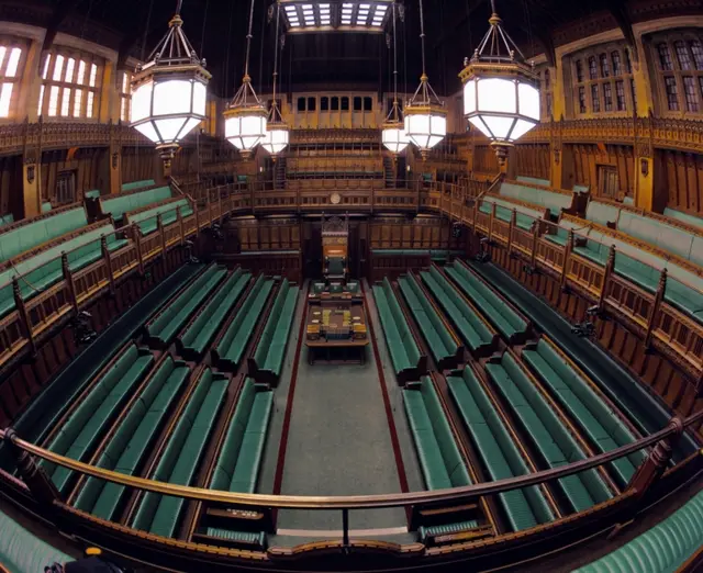 Fish-eye lens view of empty House of Commons chamber