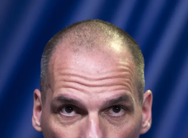 Greek Finance Minister Yanis Varoufakis speaking to reporters in Brussels, 27 June