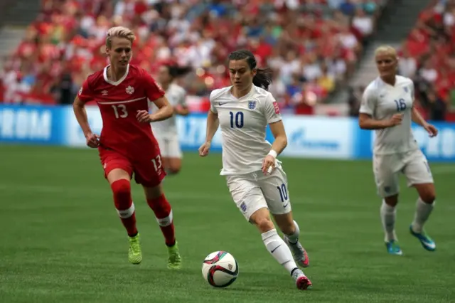 Sophie Schmidt gives the ball away to Karen Carney