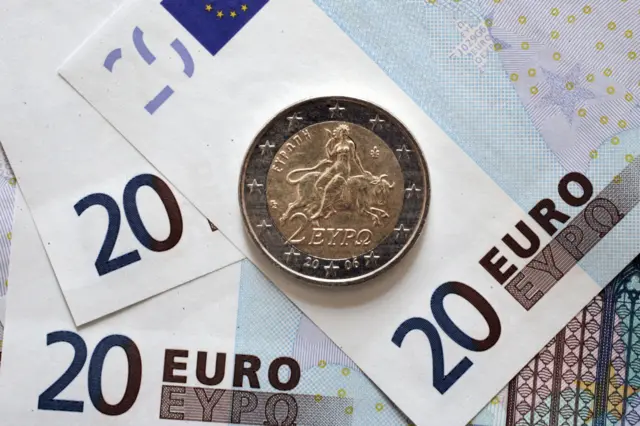 Greek Euro coins and notes