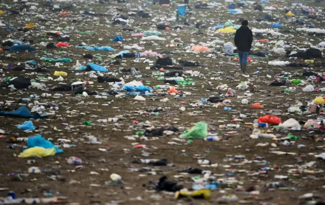 Litter after the end of the Glastonbury Festival