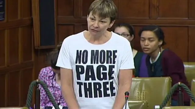 Carline Lucas in a "No more page three" t-shirt