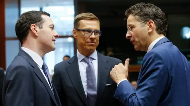 George Osborne (l) with Finnish Finance Minister Alexander Stubb (c) and Eurogroup President and Dutch Finance Minister Jeroen Dijsselbloem