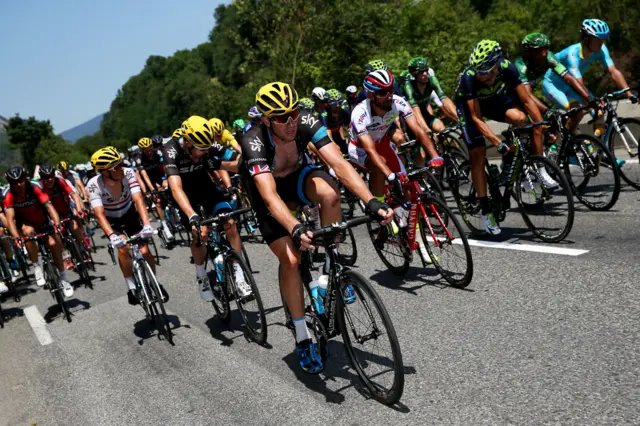 Riders of Team Sky lead the peleton