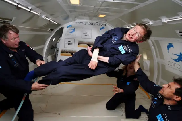 Physicist Stephen Hawking experiencing weightlessness in a zero gravity jet