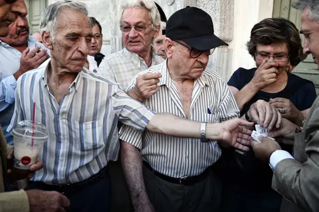 Elderly people outside a bank in Athens July 2015