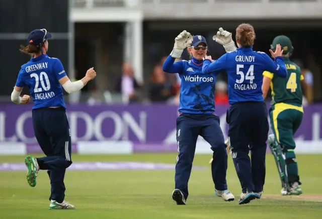 Rebecca Grundy takes the first wicket