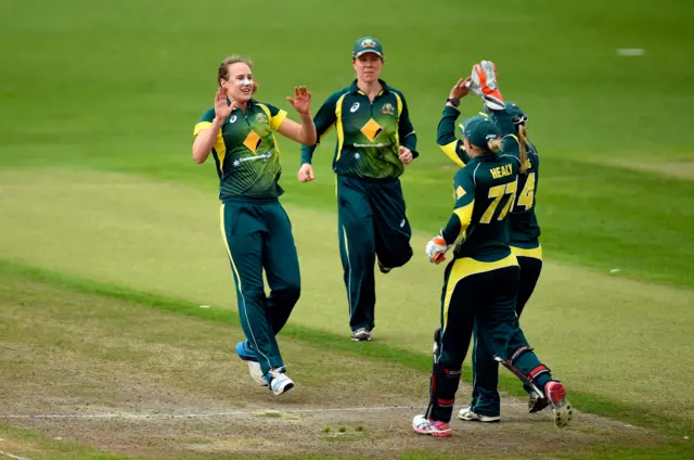 Australia women celebrate taking the wicket