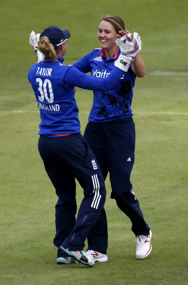 Natalie Sciver celebrates taking the wicket of Meg Lanning