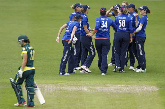 England celebrate the wicket of Nicole Bolton