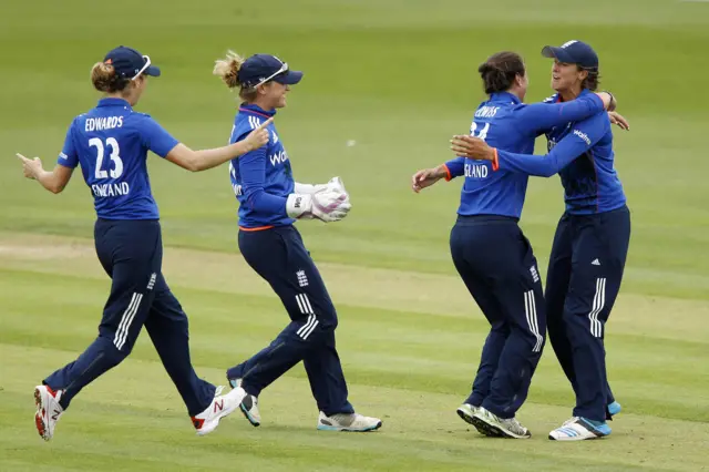 England celebrate taking the first wicket