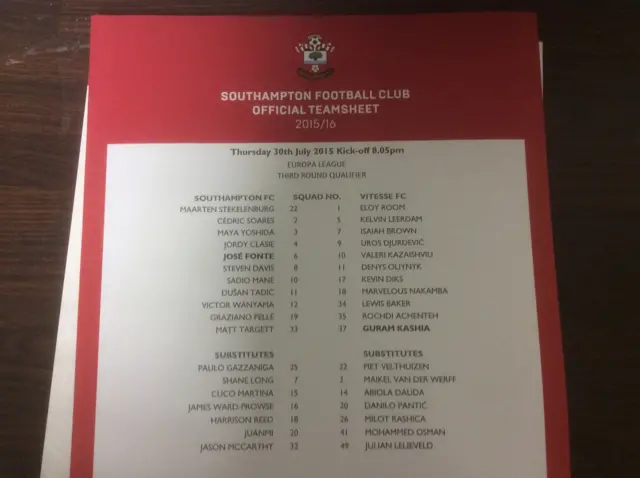 Saints v Vitesse team sheet