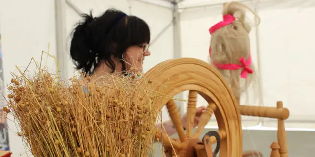 Spinster and spinning wheel