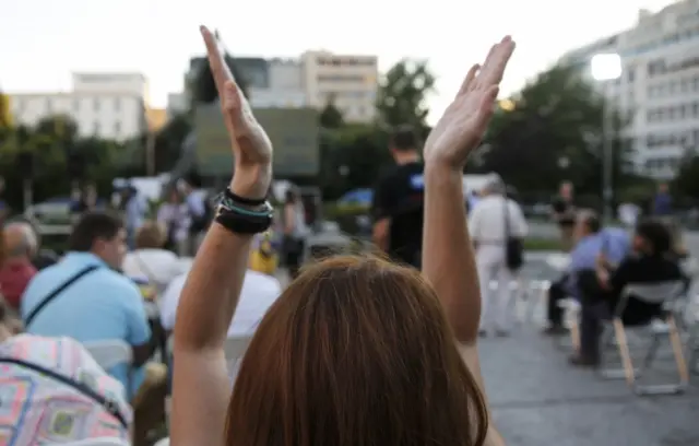 Anti-austerity voters celebrate the results of the first exit polls in Athens, Greece 5 July 2015