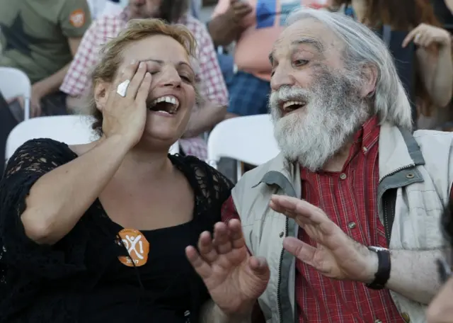 Anti-austerity voters celebrate the results of the first exit polls in Athens, Greece 5 July 2015.