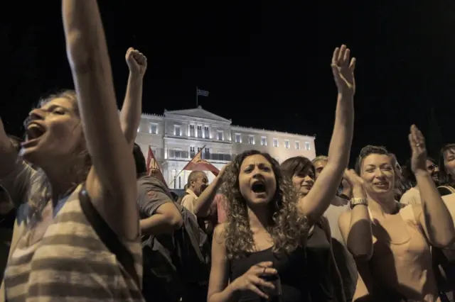 Supporters of the "No" campaign react after the results of the referendum in Athens, Greece, 05 July 2015.