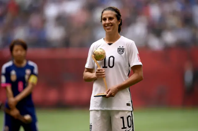 Carli Lloyd poses after winning the Golden Ball award