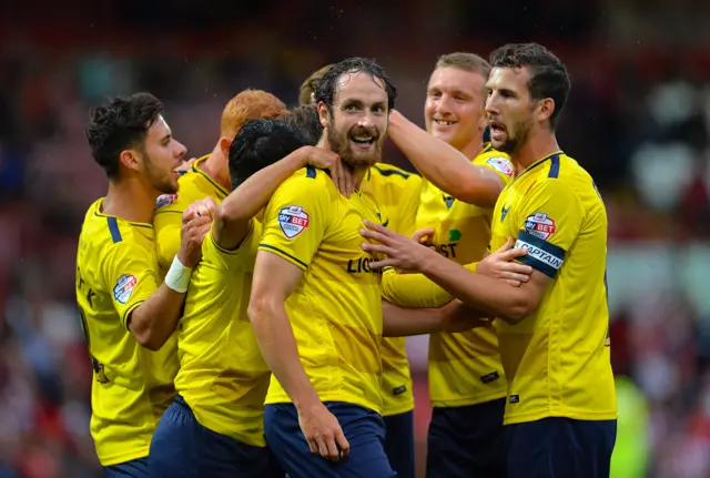 Danny Hylton celebrates goal