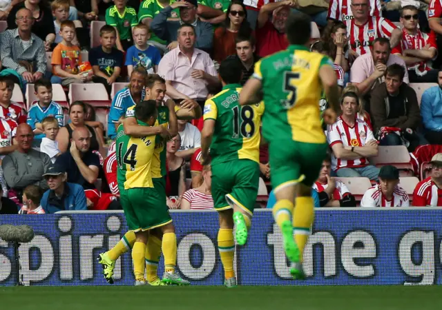 Norwich celebrate their second goal