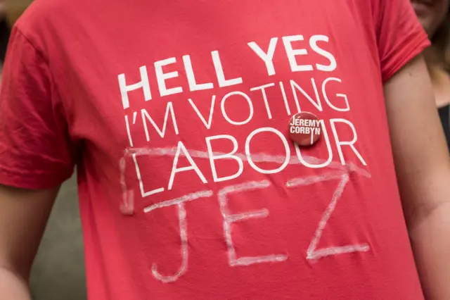 T-shirt of a Corbyn supporter which says: "Hell yes, I'm voting Jez"